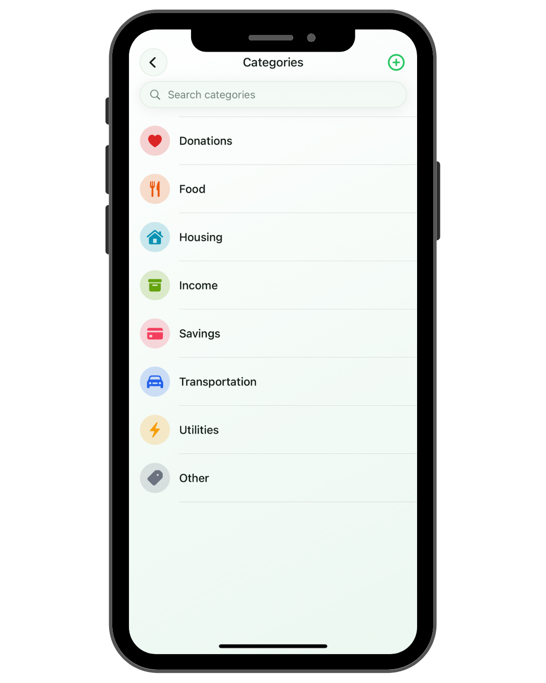 Custom categories mockup UI
