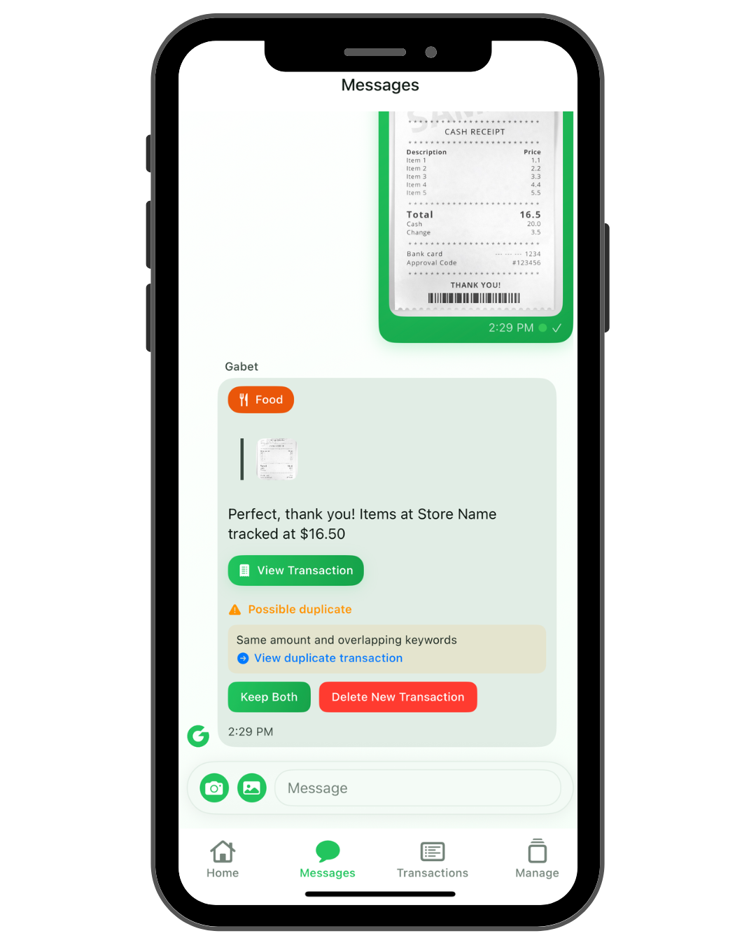 Duplicate transaction check mockup UI