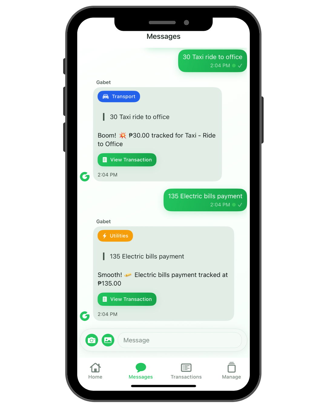 Chat-style budgeting mockup UI