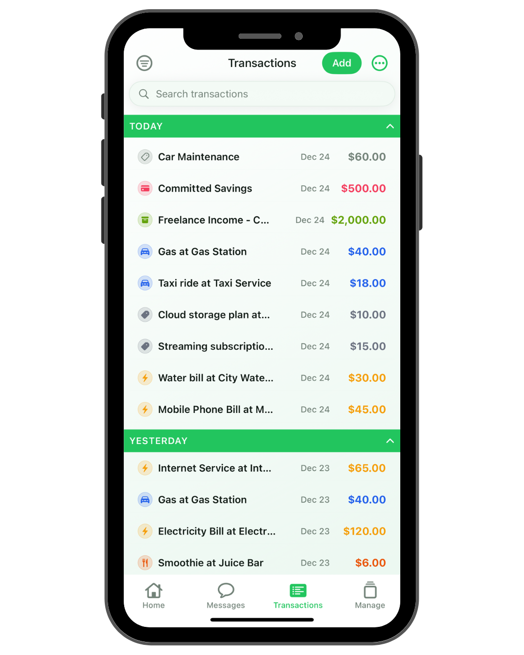 Transaction list mockup